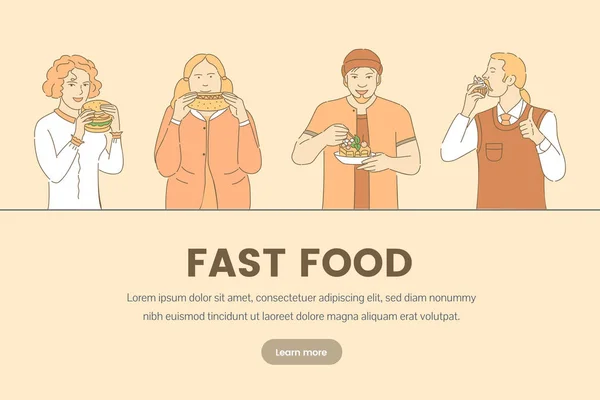 Fast food vector banner template. People eating cake, cupcake, hot dog and hamburger. — Stok Vektör