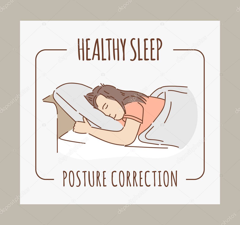 Healthy sleep and posture correction vector banner template. Sweet dreams, relax outline cartoon illustration.