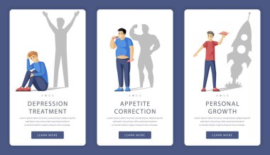 Psychological help and counseling vector mobile app screens.