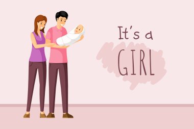 It a girl vector concept. Baby shower invitation, parenting, togetherness, happy parents day card design.