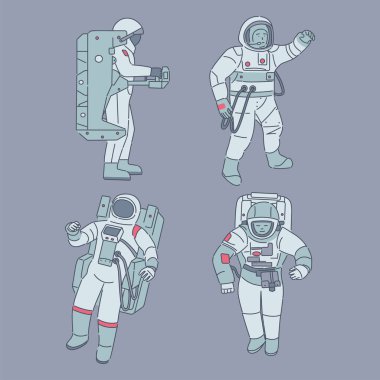 Astronauts in spacesuits. Spacemen, cosmonauts with space equipment vector cartoon illustration.