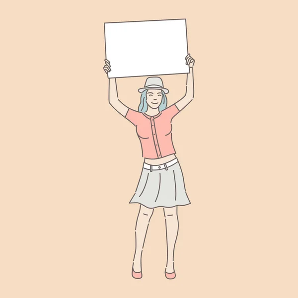 Smiling young girl in casual clothes holding card in raising hands vector illustration. — 스톡 벡터