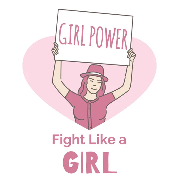 Templat banner vektor feminisme. Aktivis, kekuatan perempuan, berkelahi seperti desain kartu outline kartun gadis . - Stok Vektor