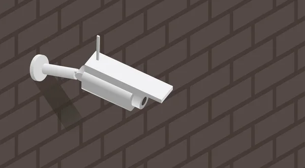 Câmera de vigilância branca na parede de tijolo ilustração vetorial isométrica . —  Vetores de Stock