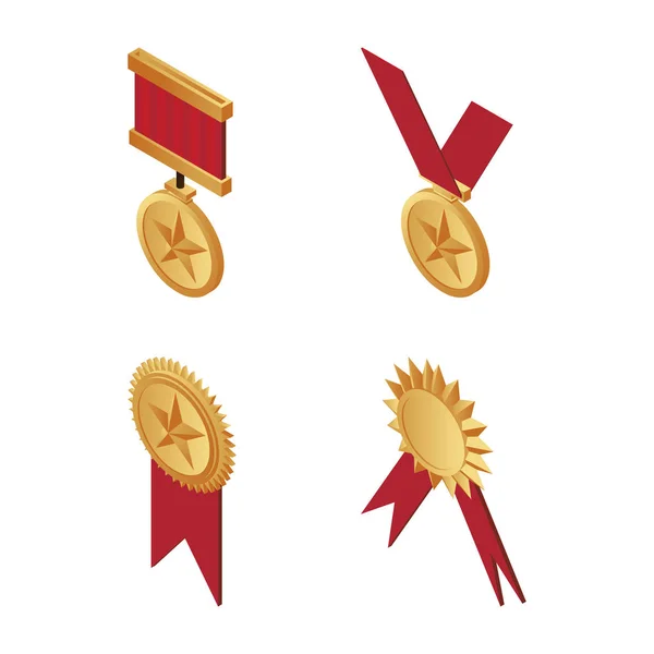 Gold trophy medals with red ribbons isometric illustration isolated on a white background. — Stock Vector