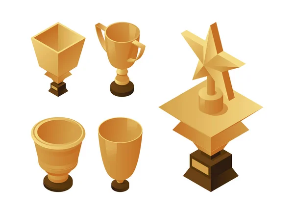 Set of golden cups and trophies on wooden pedestal. Winner, leader, and triumph icons. — ストックベクタ