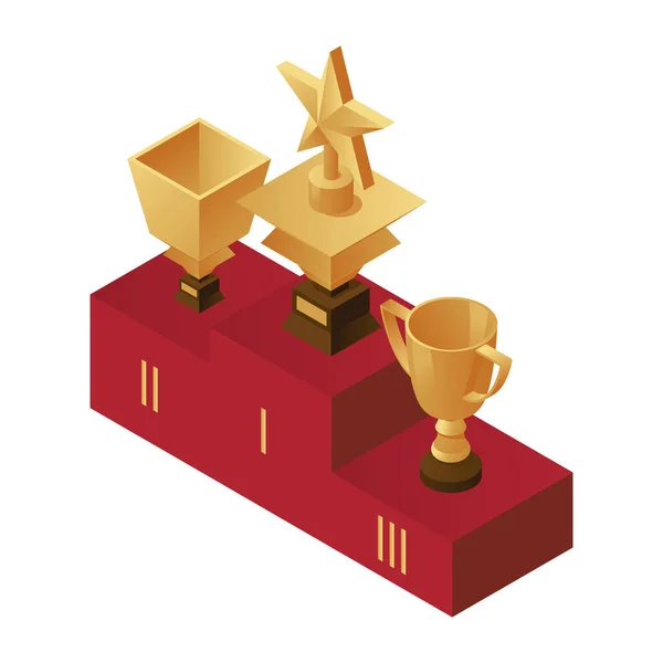 Golden cups on the podium, first, second and third place vector illustration. — Stockvector