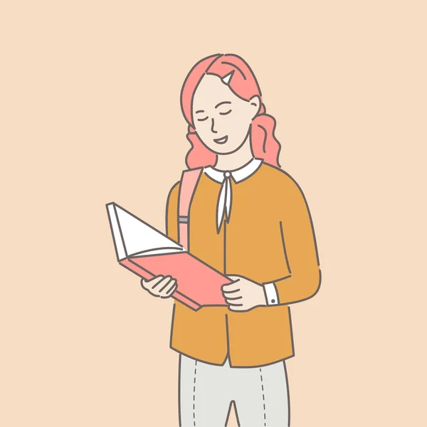 Girl reading paper book vector cartoon illustration. Intelligent woman enjoying interesting novel. — Stock Vector