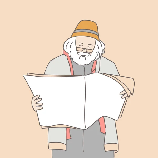 Man reading newspaper or magazine vector cartoon illustration. — Wektor stockowy