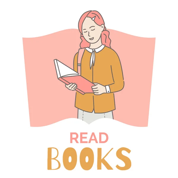 Read books banner design template. Girl reading book cartoon outline illustration. Intelligent, intellectual hobby. — Stockový vektor