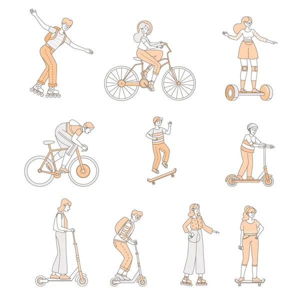 Garçons et filles à cheval sur les transports personnels modernes. Personnes avec patins à roulettes, vélos, planches à roulettes . — Image vectorielle