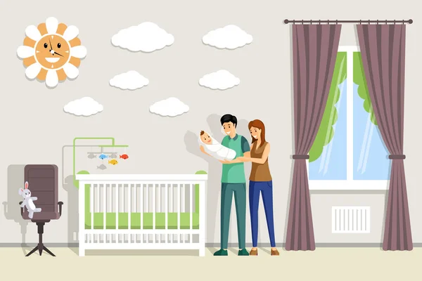 Pais segurando bebê e em pé na ilustração plana do vetor da sala de bebê. Pais, união . —  Vetores de Stock