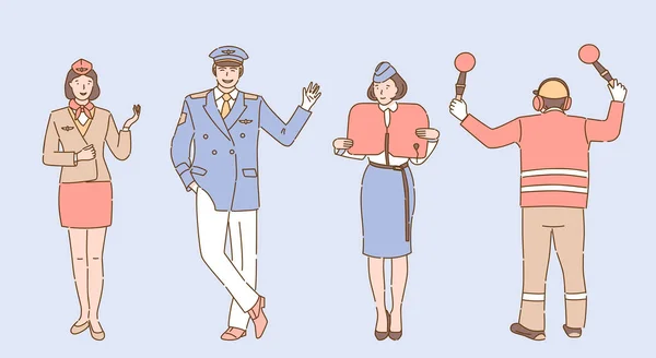 Airport and airline workers illustration. Aircrew, stewardess, pilot and airport employee characters. — ストックベクタ