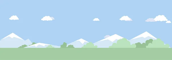 Verano naturaleza paisaje vector ilustración plana. Verano verde hierba, azul cielo nublado país fondo . — Vector de stock