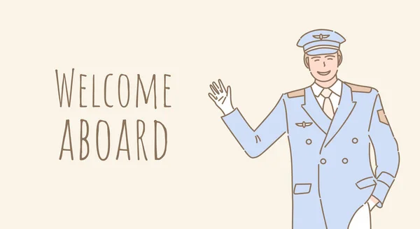 Bem-vindo a bordo do design de banner vetorial. Piloto recebê-lo para o projeto do cartaz esboço do avião . — Vetor de Stock