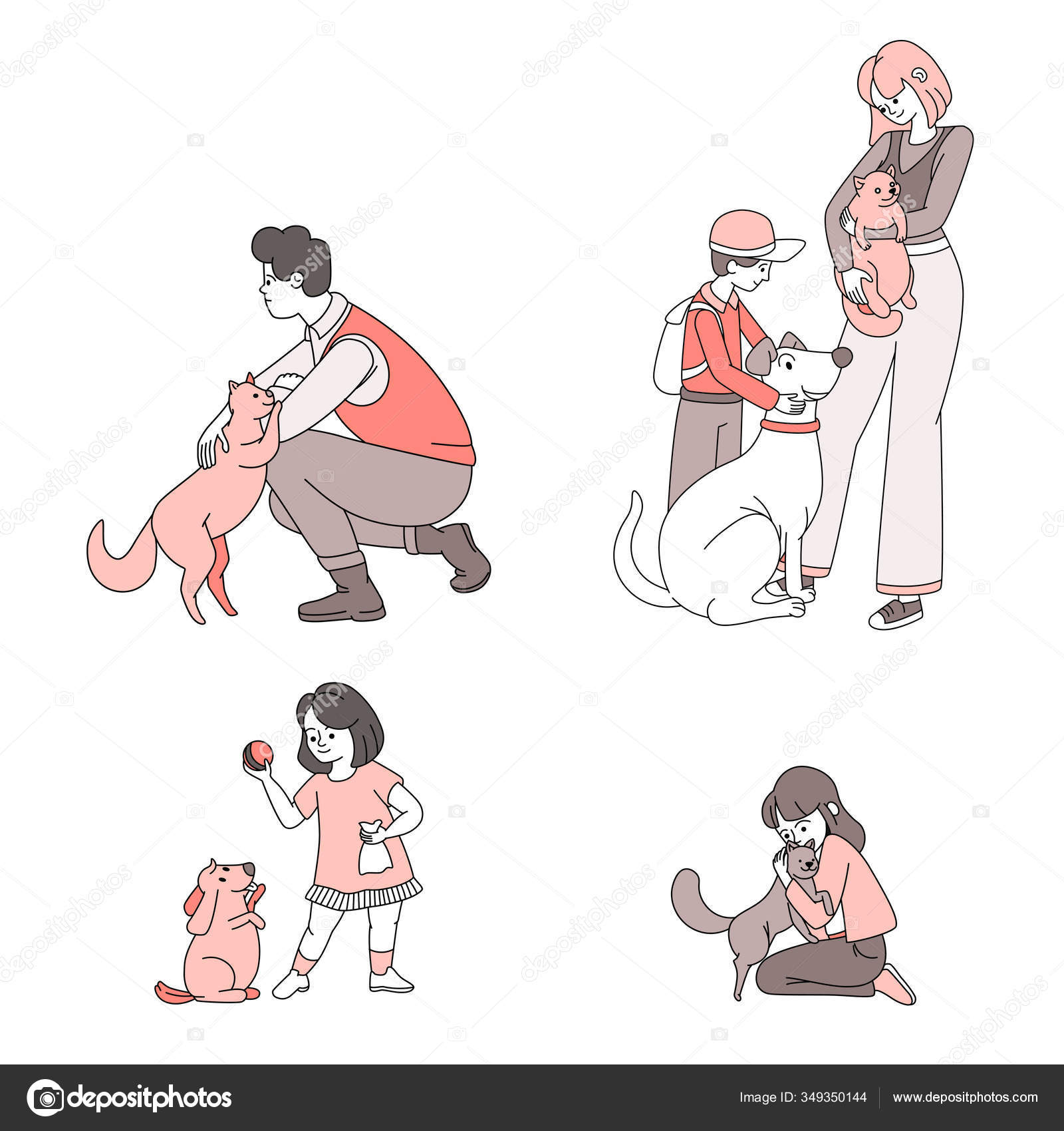 Happy people with domestic animals vector cartoon illustration. People  taking care and playing with pets. Stock Vector Image by ©plahotya  #349350144