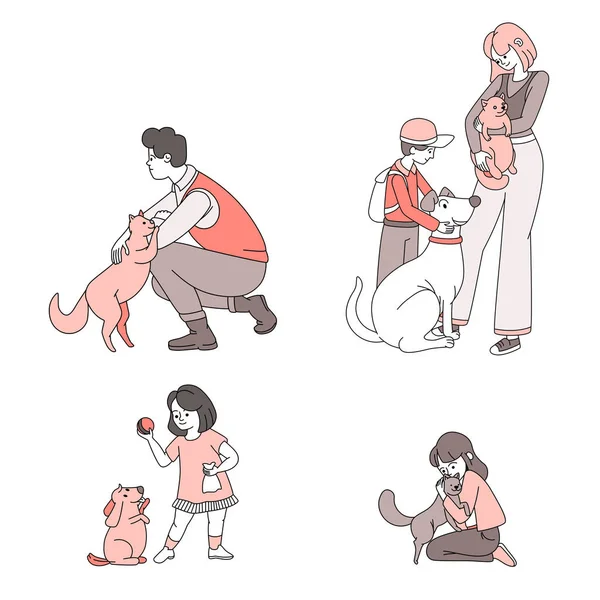 Happy people with domestic animals vector cartoon illustration. People taking care and playing with pets. — Stock vektor