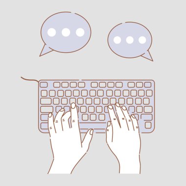 Eller klavye vektör karikatür çiziminde yazıyor. Eller iş yapıyor, sohbet ediyor, internet iletişimi kuruyor..