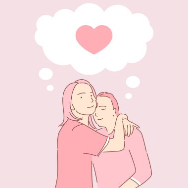 Erkek ve kadın vektör illüstrasyonuna sarılıyor. Aşk hikayesi, Sevgililer Günü tebrik kartı veya uygulama tasarım şablonu.