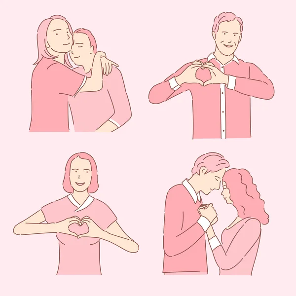 Ett par romantiska människor. Man och kvinna visar hjärta med händer, kramar par i kärlek vektor illustration. — Stock vektor