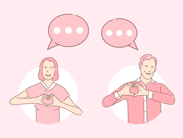 Чоловік і жінка в круглих рамах, що показують серце руками і обмінюються повідомленнями Векторні ілюстрації . — стоковий вектор