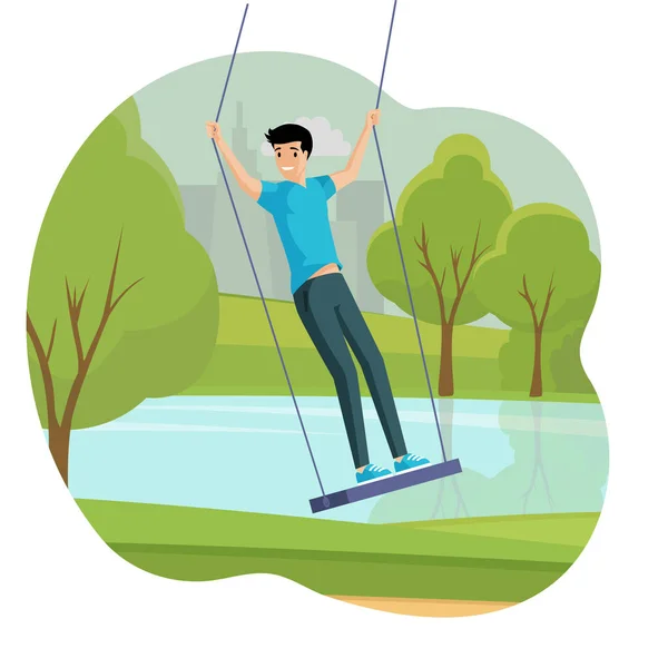 Jongen swingende platte illustratie. Jongen heeft plezier buiten in het stadspark in de buurt van het meer vector concept. — Stockvector