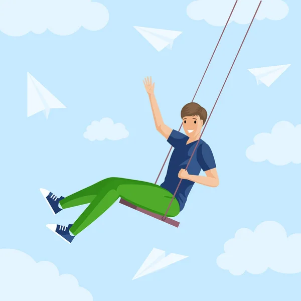Jongen zit op een schommel in de lucht, wolken en papieren vliegtuigen platte illustratie. Jongen met plezier vector concept. — Stockvector