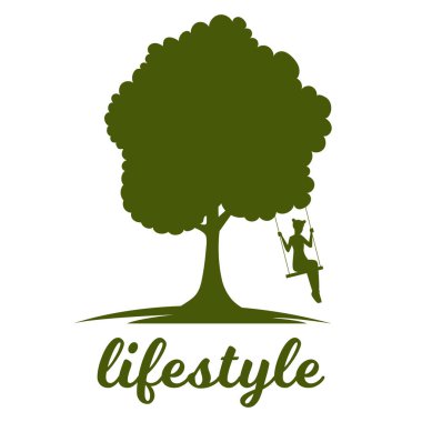 Yaşam tarzı vektör şablonu. Salıncakta sallanan bir kızın silueti ağaca bağlanmış..