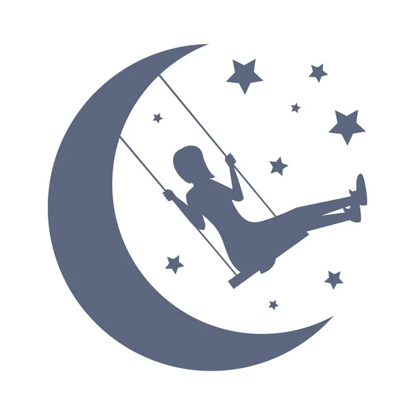 Welterusten en mooie dromen vector kaart template. Silhouet van meisje swingend tussen de maan en sterren. — Stockvector