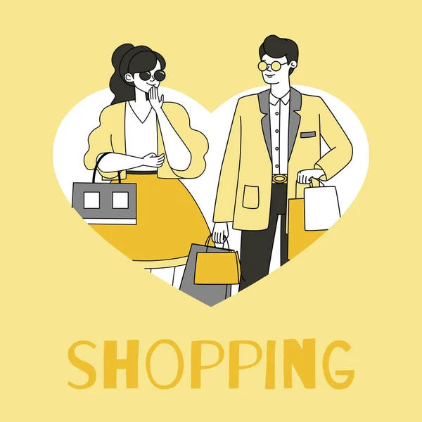 Modelo de design de folheto de compras. Homem e mulher carregando pacotes de compras esboço vetorial desenho animado ilustração . — Vetor de Stock