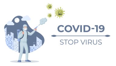 Covid-19, virüs poster konseptini durdur. Coronavirus 'la savaşan sağlık çalışanı dış mekan vektörü düz çizim.