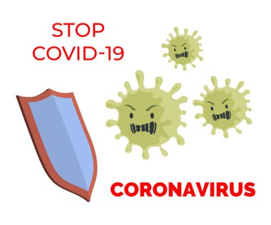 Covid-19 düz pankart konseptini durdur. Coronavirus hücreleri şövalye kalkanı vektörü düz çizim tarafından durduruldu.