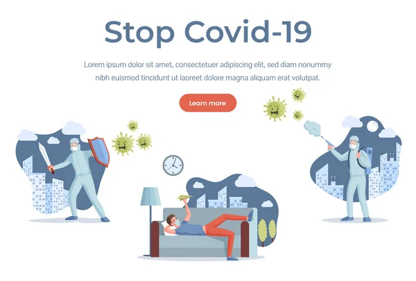 Stop Covid-19 landing page template. Coronavirus vector flat illustration. Quarantine web banner concept. — Stock Vector