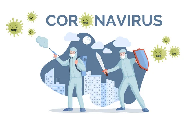 Mall för Coronavirusbanderoll. Medicinska arbetare i skyddsmasker och passar bekämpa coronavirus vektor platt illustration. — Stock vektor