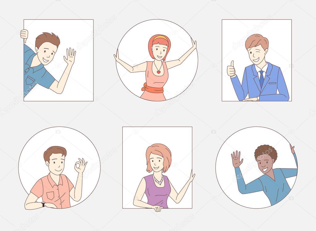 Group of people showing thumbs up, ok sign, waving hello. Friends, company staff, colleagues, business people characters.