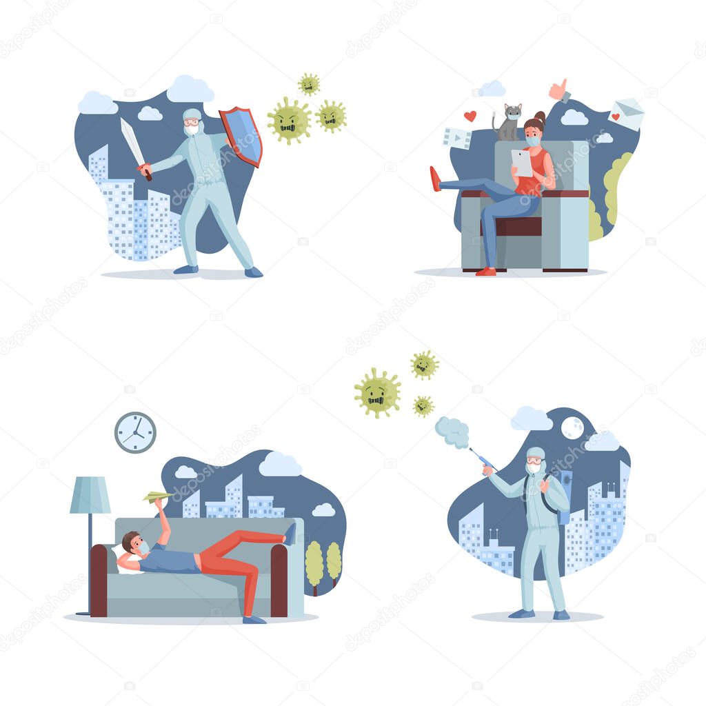 Stop COVID-19 vector flat illustration. Medical workers fighting coronavirus. People staying and working at home.
