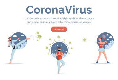 Coronavirus iniş sayfası şablonu. Sporcu, tenisçi, karateci Covid-19 vektör düz illüstrasyon dövüşü.