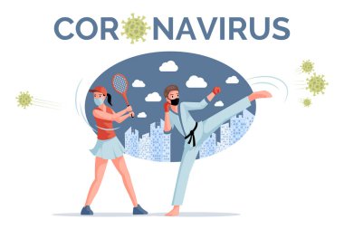 Coronavirus vektör şablonu. Sporcular, tenisçiler ve karateci covid-19 'a karşı savaşıyor..