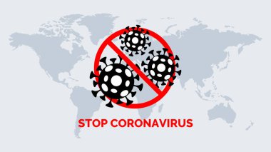 Coronavirus vektör bayrağı kavramını durdur. Covid-19 hücresinin ve dünya haritasının üzerini çizdim..