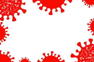 Coronavirus Covid-19 hücreleri. Kırmızı koronavirüs hücrelerinin, tıbbi gereçlerin ve hapların vektör düz çizimi.