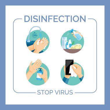 Virüs taşıyıcı düz kart şablonunu dezenfekte et ve durdur. Coronavirus Covid-19 salgınından korunma ipuçları.