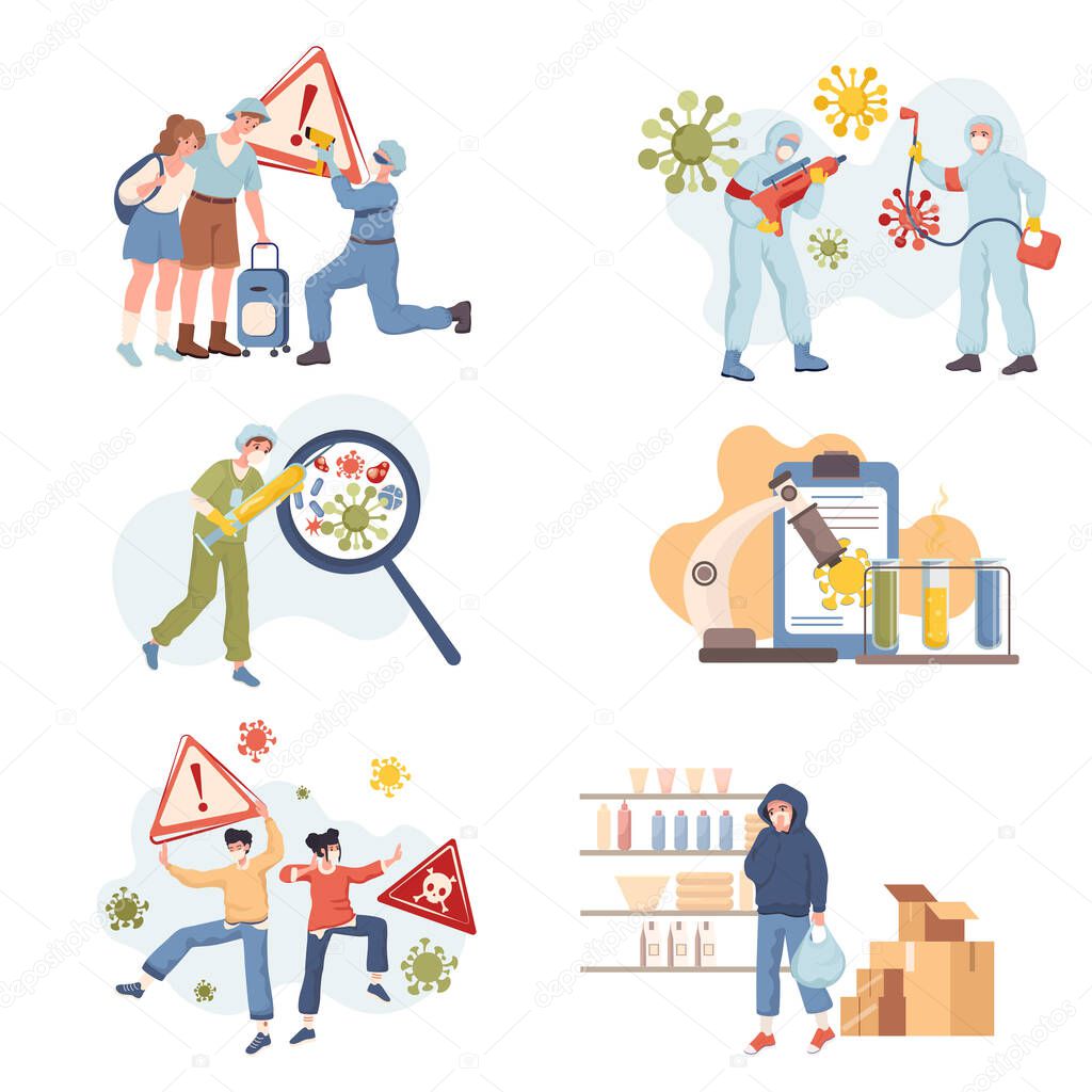 Stop and fight Coronavirus Covid-19 outbreak vector flat illustration. People living during global pandemic of 2019-nC0V.