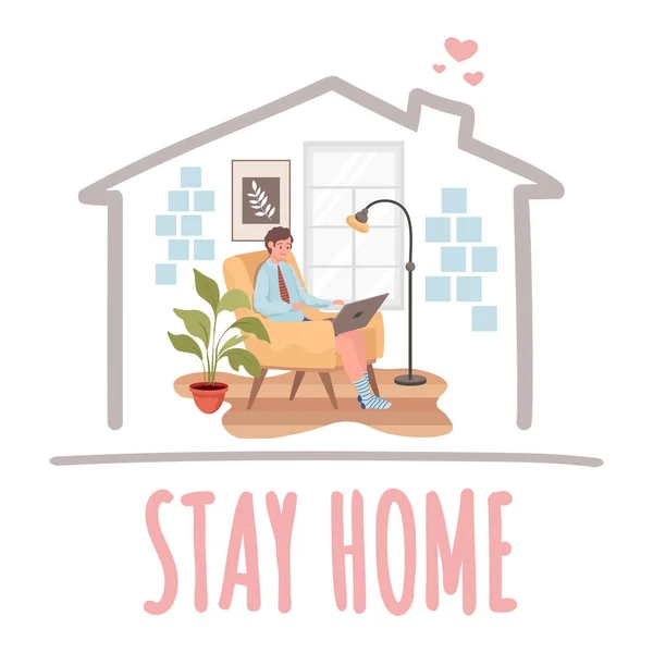 Stay home banner design. Man sitting at home in chair and working distance on laptop vector flat illustration. — Stock Vector