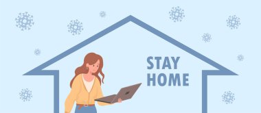 Evde kal ve Coronavirus pankartı tasarımıyla savaş. Evde çalışan kadın dizüstü bilgisayar vektörü düz çizim.