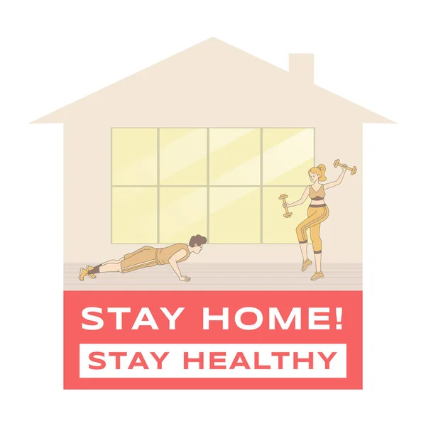Quédate en casa, mantente saludable concepto de banner vectorial. Personas que hacen ejercicio en casa durante el brote de Coronavirus . — Archivo Imágenes Vectoriales