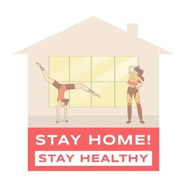 Fique em casa, mantenha o conceito de banner vetorial saudável. Pessoas fazendo exercícios durante o surto de Coronavirus covid-19 . — Vetor de Stock