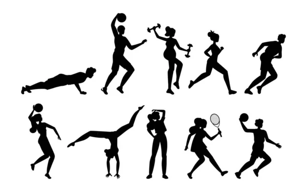Persone che fanno attività sportive allenamento fitness o giocare a giochi sportivi . — Vettoriale Stock
