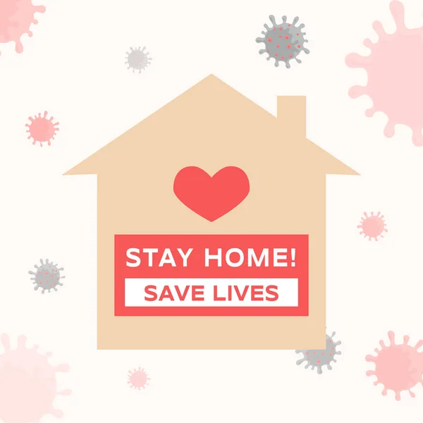 Fique em casa e salve vidas ilustração plana. silhueta casa cercou células Coronavirus . — Vetor de Stock
