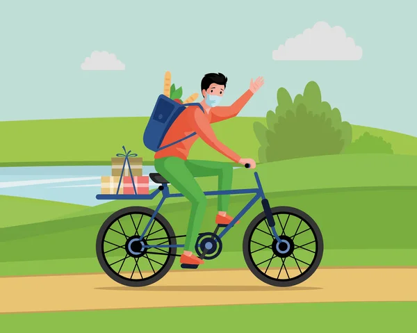 Joven hombre en la cara de la máscara de montar en bicicleta, entregar alimentos y productos de vectores de supermercados concepto de dibujos animados planos . — Vector de stock