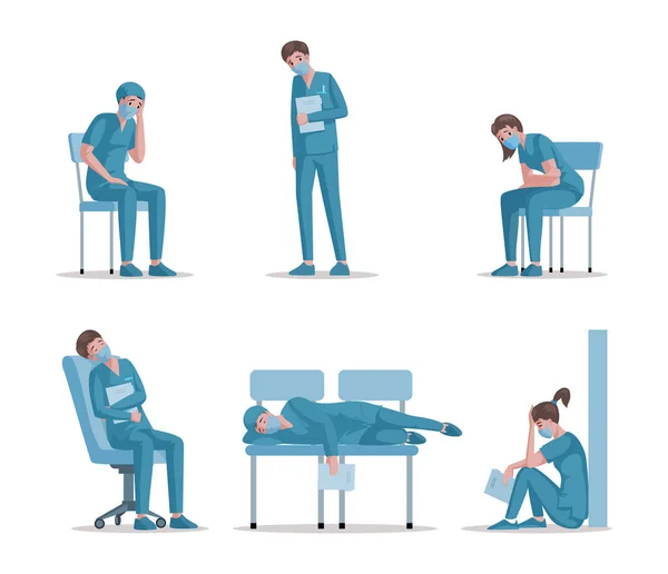 Trabajadores médicos descansan después del trabajo durante la pandemia de Coronavirus covid-19 vector ilustración de dibujos animados planos . — Archivo Imágenes Vectoriales